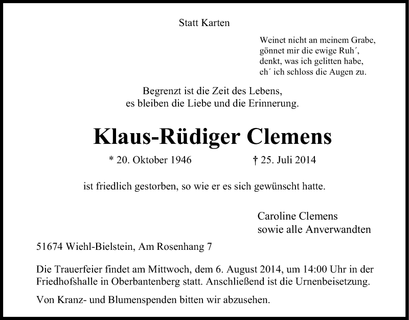  Traueranzeige für Klaus-Rüdiger Clemens vom 31.07.2014 aus Kölner Stadt-Anzeiger / Kölnische Rundschau / Express