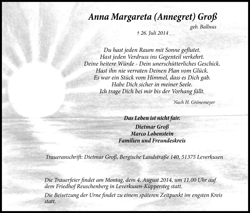  Traueranzeige für Anna Margareta Groß vom 31.07.2014 aus Kölner Stadt-Anzeiger / Kölnische Rundschau / Express