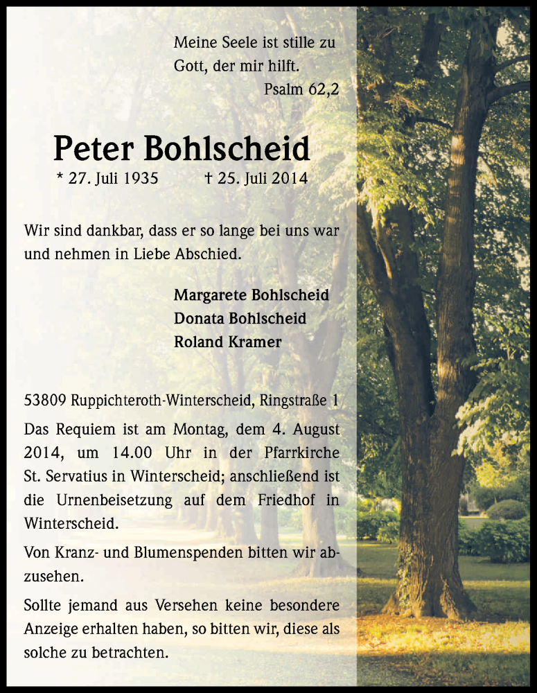  Traueranzeige für Peter Bohlscheid vom 31.07.2014 aus Kölner Stadt-Anzeiger / Kölnische Rundschau / Express