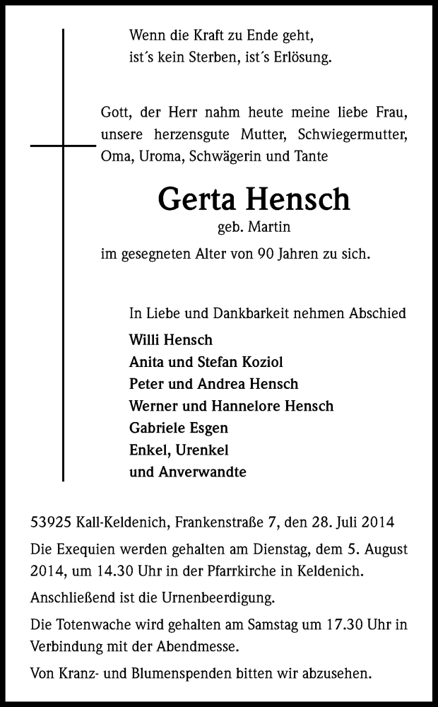  Traueranzeige für Gerta Hensch vom 31.07.2014 aus Kölner Stadt-Anzeiger / Kölnische Rundschau / Express