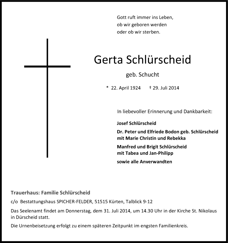  Traueranzeige für Gerta Schlürscheid vom 31.07.2014 aus Kölner Stadt-Anzeiger / Kölnische Rundschau / Express