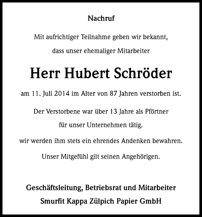  Traueranzeige für Hubert Schröder vom 31.07.2014 aus Kölner Stadt-Anzeiger / Kölnische Rundschau / Express