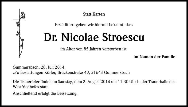  Traueranzeige für Nicolae Stroescu vom 31.07.2014 aus Kölner Stadt-Anzeiger / Kölnische Rundschau / Express