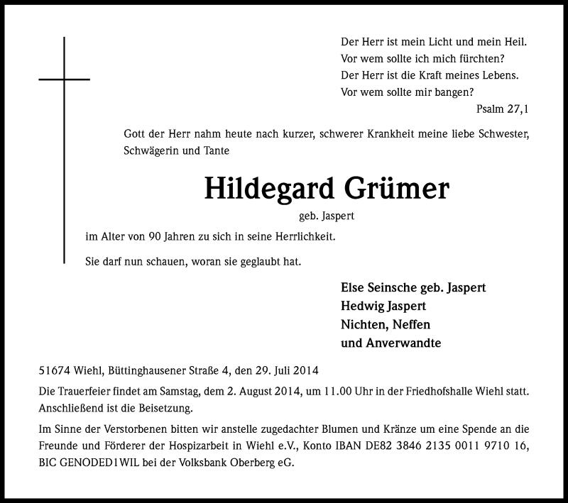  Traueranzeige für Hildegard Grümer vom 31.07.2014 aus Kölner Stadt-Anzeiger / Kölnische Rundschau / Express