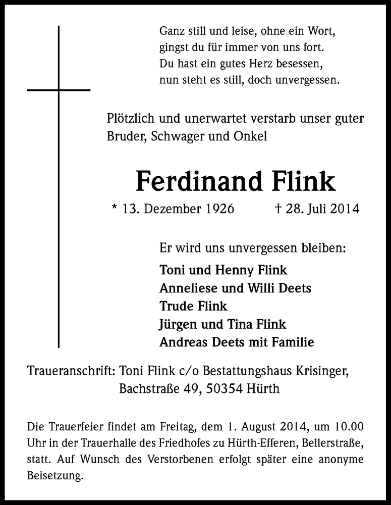  Traueranzeige für Ferdinand Flink vom 31.07.2014 aus Kölner Stadt-Anzeiger / Kölnische Rundschau / Express
