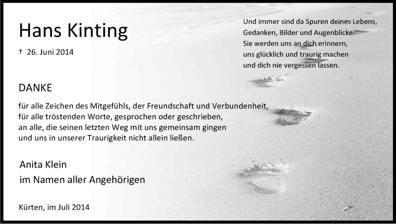  Traueranzeige für Hans Kinting vom 31.07.2014 aus Kölner Stadt-Anzeiger / Kölnische Rundschau / Express