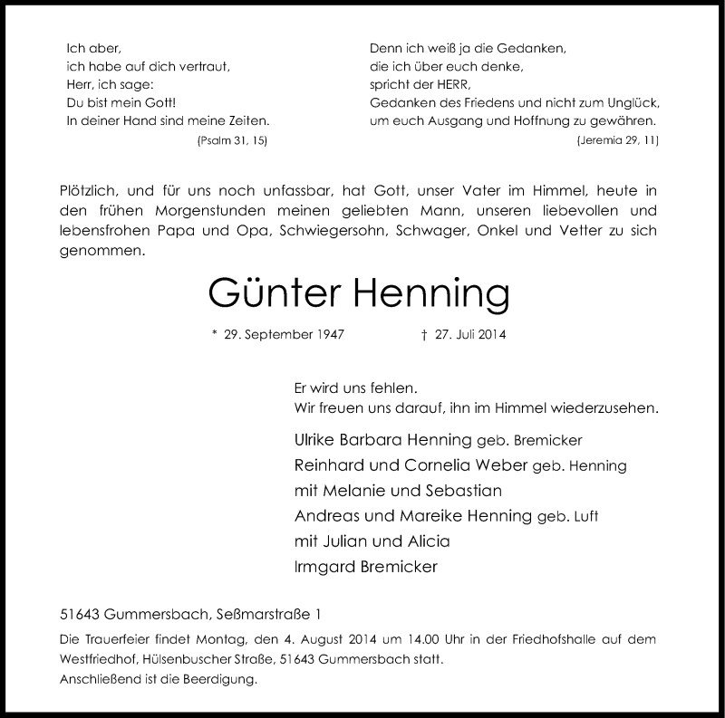  Traueranzeige für Günter Henning vom 31.07.2014 aus Kölner Stadt-Anzeiger / Kölnische Rundschau / Express
