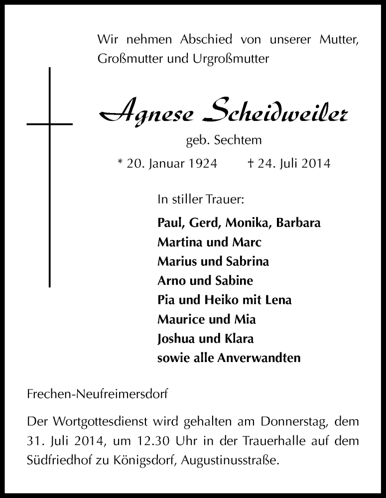  Traueranzeige für Agnese Scheidweiler vom 31.07.2014 aus Kölner Stadt-Anzeiger / Kölnische Rundschau / Express