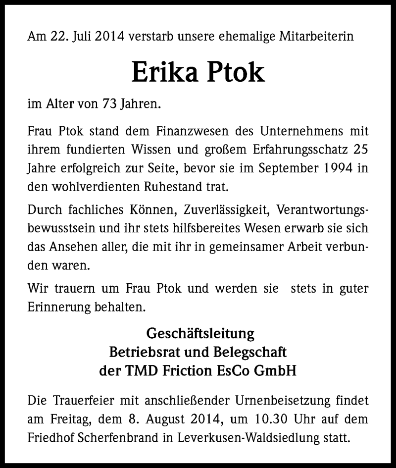  Traueranzeige für Erika Ptok vom 01.08.2014 aus Kölner Stadt-Anzeiger / Kölnische Rundschau / Express