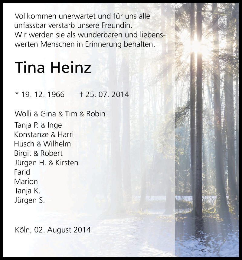  Traueranzeige für Tina Heinz vom 02.08.2014 aus Kölner Stadt-Anzeiger / Kölnische Rundschau / Express