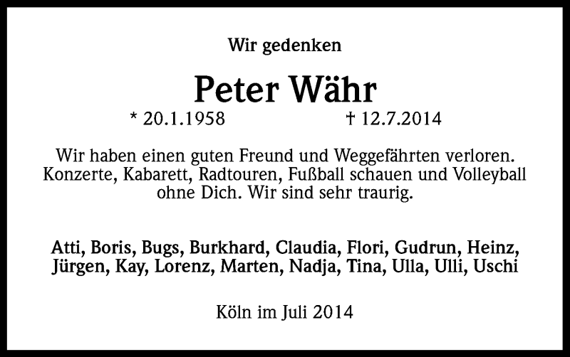  Traueranzeige für Peter Währ vom 02.08.2014 aus Kölner Stadt-Anzeiger / Kölnische Rundschau / Express