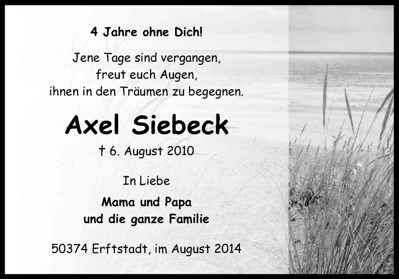  Traueranzeige für Axel Siebeck vom 06.08.2014 aus Kölner Stadt-Anzeiger / Kölnische Rundschau / Express