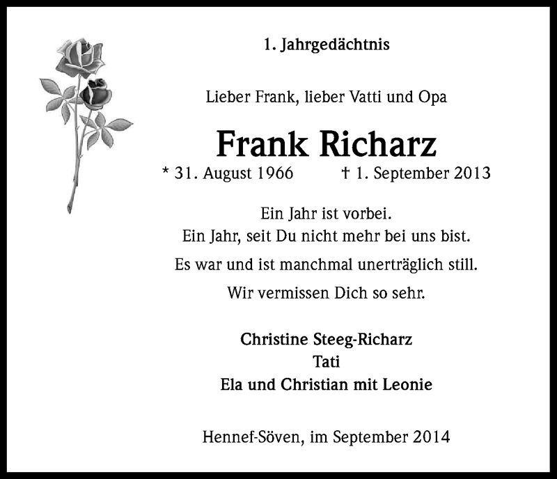  Traueranzeige für Frank Richarz vom 01.09.2014 aus Kölner Stadt-Anzeiger / Kölnische Rundschau / Express