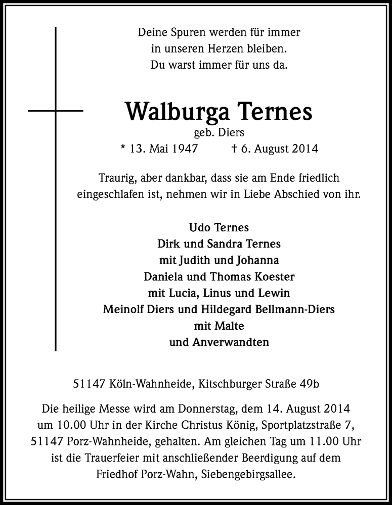  Traueranzeige für Walburga Ternes vom 09.08.2014 aus Kölner Stadt-Anzeiger / Kölnische Rundschau / Express