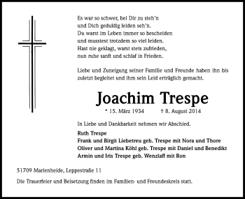 Anzeige von Joachim Trespe von Kölner Stadt-Anzeiger / Kölnische Rundschau / Express