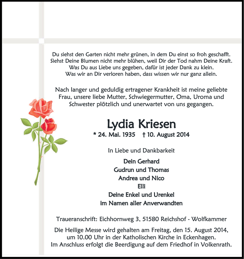  Traueranzeige für Lydia Kriesen vom 13.08.2014 aus Kölner Stadt-Anzeiger / Kölnische Rundschau / Express