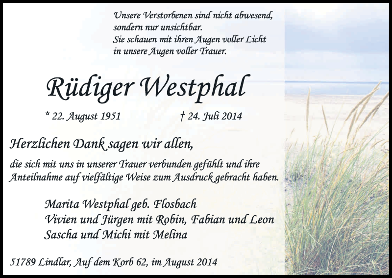  Traueranzeige für Rüdiger Westphal vom 16.08.2014 aus Kölner Stadt-Anzeiger / Kölnische Rundschau / Express