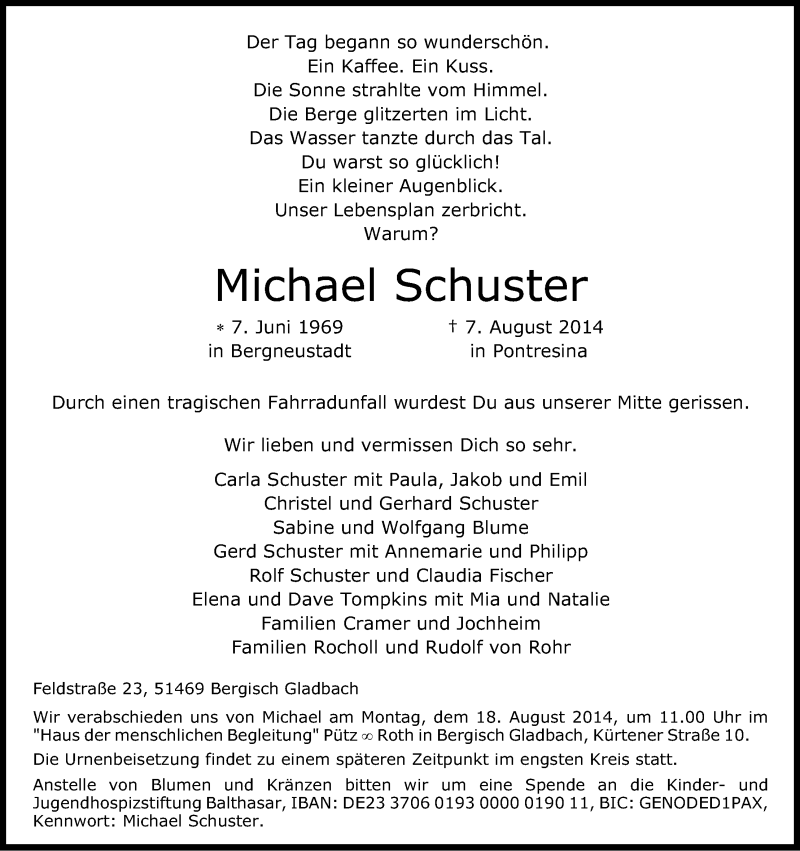  Traueranzeige für Michael Schuster vom 13.08.2014 aus Kölner Stadt-Anzeiger / Kölnische Rundschau / Express