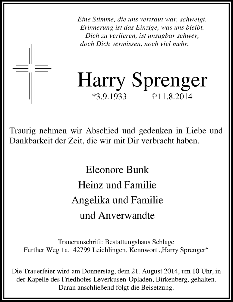  Traueranzeige für Harry Sprenger vom 16.08.2014 aus Kölner Stadt-Anzeiger / Kölnische Rundschau / Express