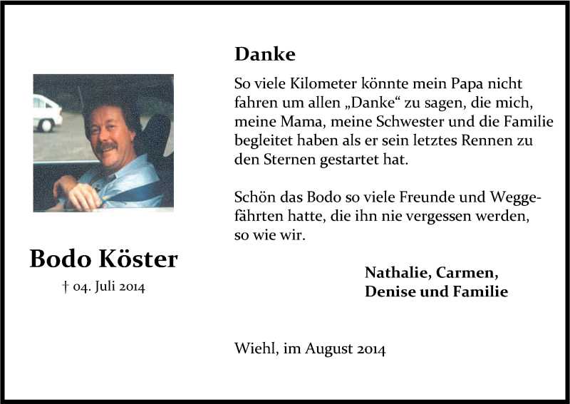  Traueranzeige für Bodo Köster vom 16.08.2014 aus Kölner Stadt-Anzeiger / Kölnische Rundschau / Express
