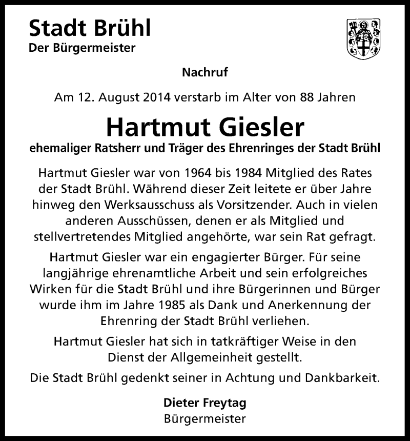  Traueranzeige für Hartmut Giesler vom 15.08.2014 aus Kölner Stadt-Anzeiger / Kölnische Rundschau / Express