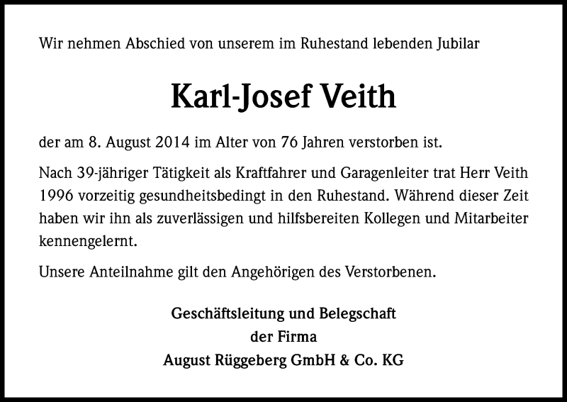  Traueranzeige für Karl-Josef Veith vom 15.08.2014 aus Kölner Stadt-Anzeiger / Kölnische Rundschau / Express