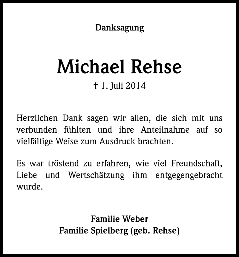  Traueranzeige für Michael Rehse vom 15.08.2014 aus Kölner Stadt-Anzeiger / Kölnische Rundschau / Express