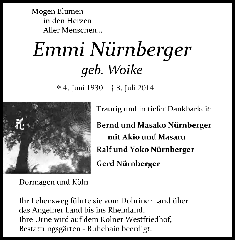  Traueranzeige für Emmi Nürnberger vom 16.08.2014 aus Kölner Stadt-Anzeiger / Kölnische Rundschau / Express