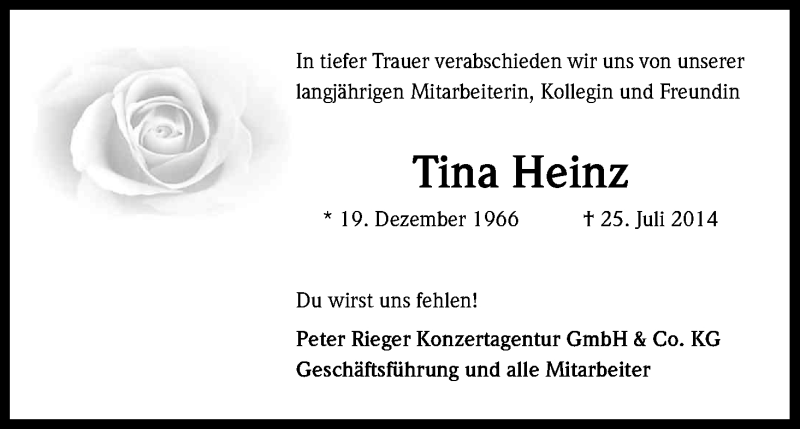  Traueranzeige für Tina Heinz vom 16.08.2014 aus Kölner Stadt-Anzeiger / Kölnische Rundschau / Express