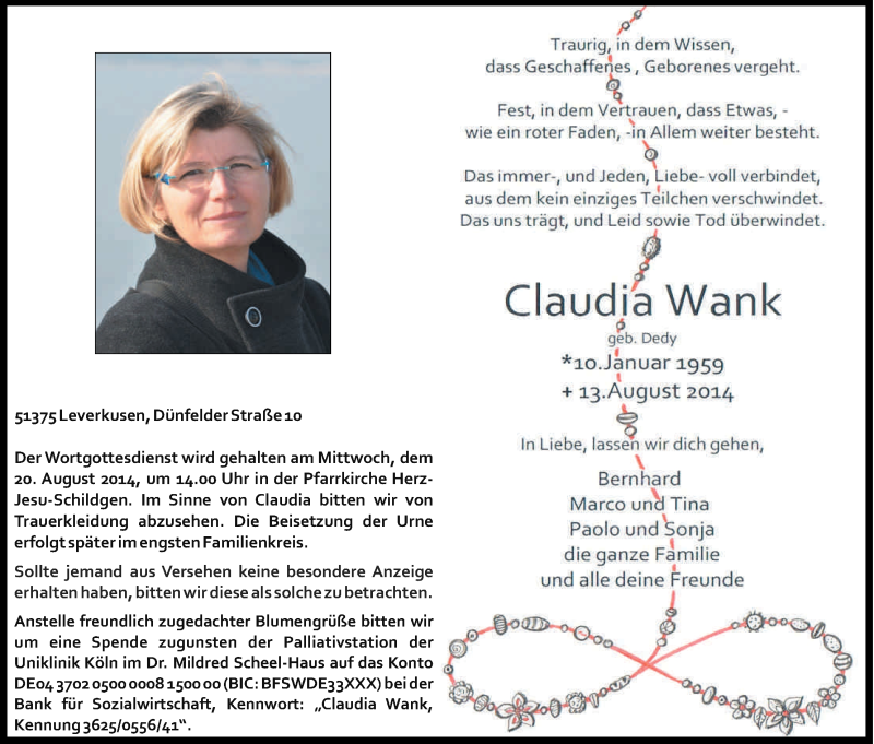  Traueranzeige für Claudia Wank vom 16.08.2014 aus Kölner Stadt-Anzeiger / Kölnische Rundschau / Express
