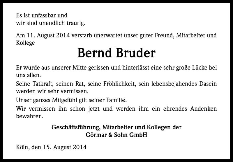  Traueranzeige für Bernd Bruder vom 21.08.2014 aus Kölner Stadt-Anzeiger / Kölnische Rundschau / Express