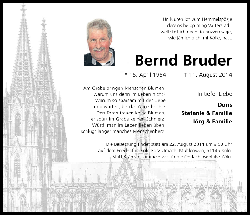  Traueranzeige für Bernd Bruder vom 19.08.2014 aus Kölner Stadt-Anzeiger / Kölnische Rundschau / Express
