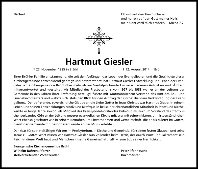  Traueranzeige für Hartmut Giesler vom 20.08.2014 aus Kölner Stadt-Anzeiger / Kölnische Rundschau / Express