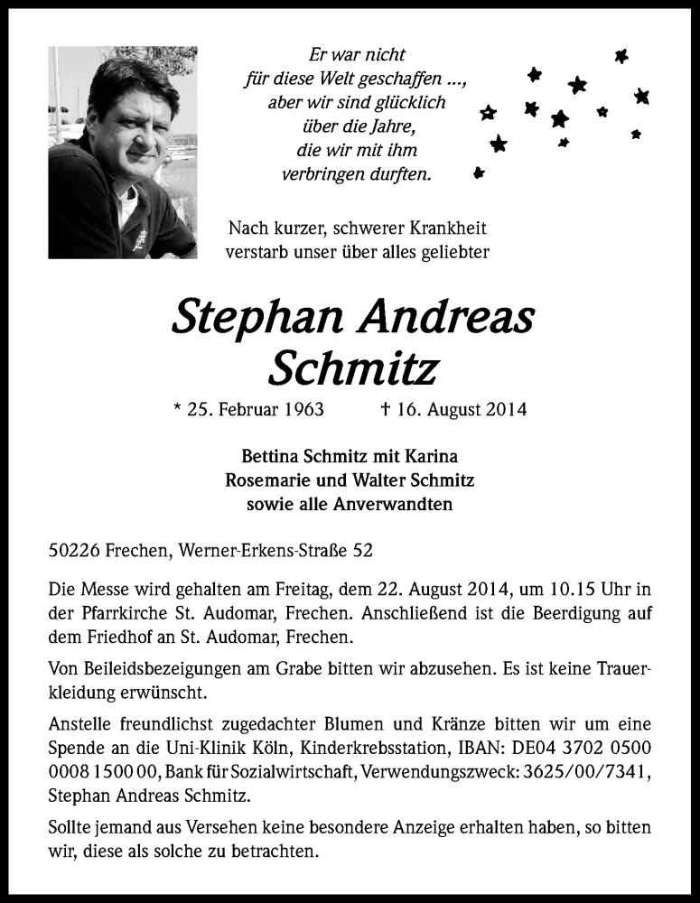  Traueranzeige für Stephan Andreas Schmitz vom 20.08.2014 aus Kölner Stadt-Anzeiger / Kölnische Rundschau / Express
