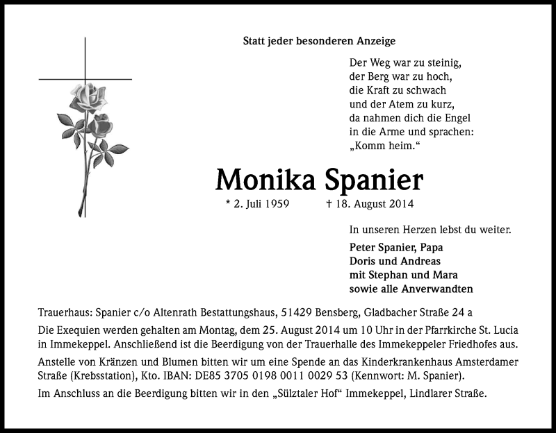  Traueranzeige für Monika Spanier vom 20.08.2014 aus Kölner Stadt-Anzeiger / Kölnische Rundschau / Express