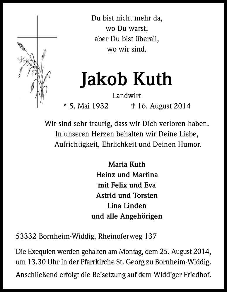  Traueranzeige für Jakob Kuth vom 21.08.2014 aus Kölner Stadt-Anzeiger / Kölnische Rundschau / Express