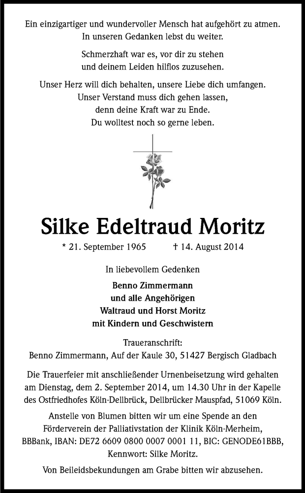  Traueranzeige für Silke Edeltraud Moritz vom 23.08.2014 aus Kölner Stadt-Anzeiger / Kölnische Rundschau / Express