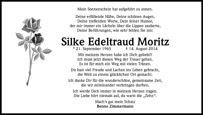  Traueranzeige für Silke Edeltraud Moritz vom 23.08.2014 aus Kölner Stadt-Anzeiger / Kölnische Rundschau / Express