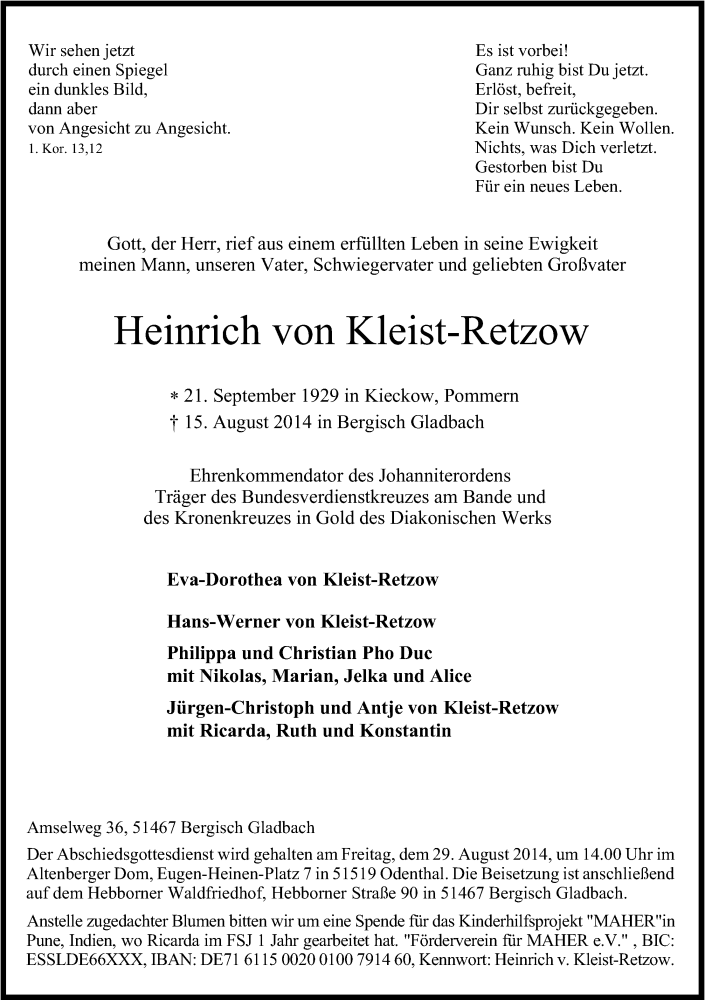  Traueranzeige für Heinrich von Kleist-Retzow vom 23.08.2014 aus Kölner Stadt-Anzeiger / Kölnische Rundschau / Express