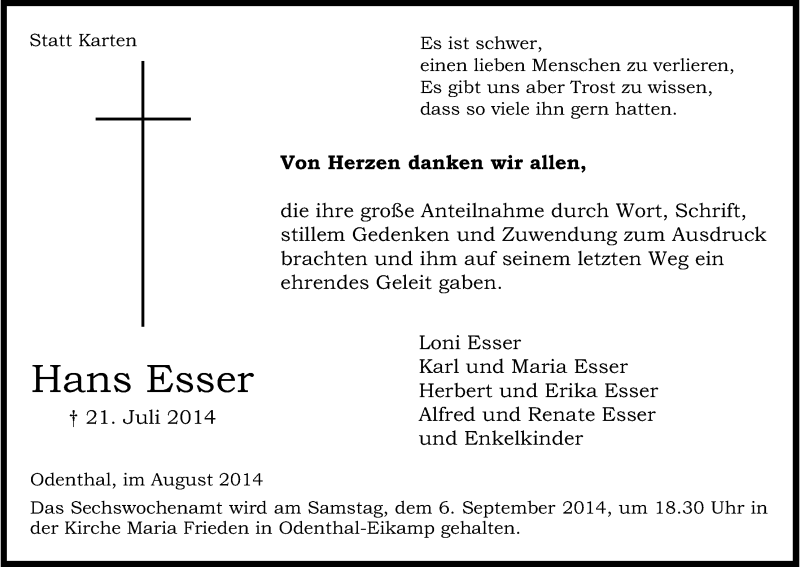  Traueranzeige für Hans Esser vom 23.08.2014 aus Kölner Stadt-Anzeiger / Kölnische Rundschau / Express