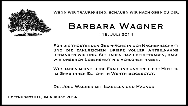  Traueranzeige für Barbara Wagner vom 23.08.2014 aus Kölner Stadt-Anzeiger / Kölnische Rundschau / Express