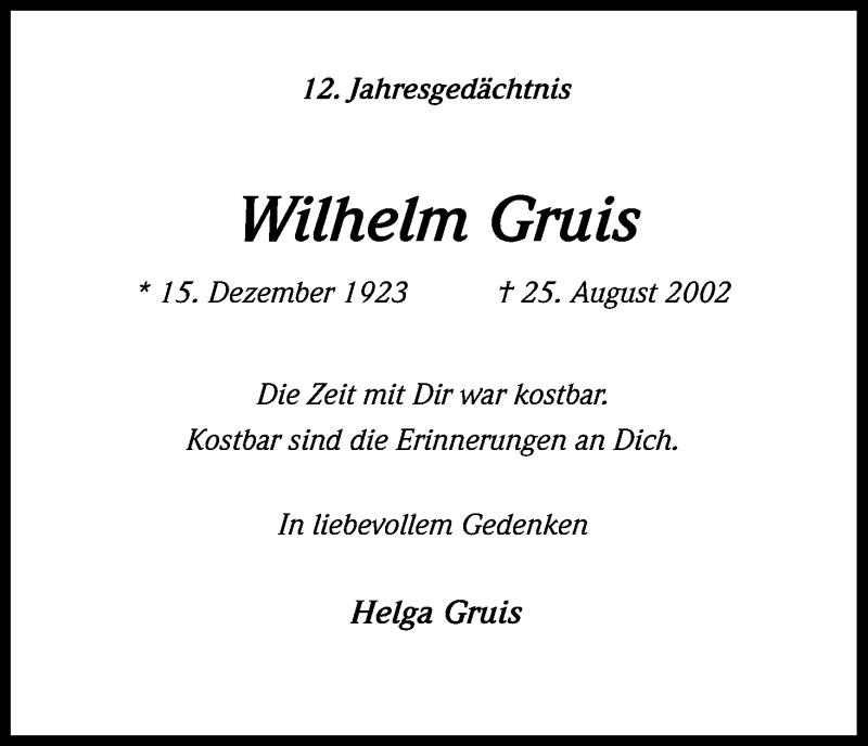  Traueranzeige für Wilhelm Gruis vom 25.08.2014 aus Kölner Stadt-Anzeiger / Kölnische Rundschau / Express