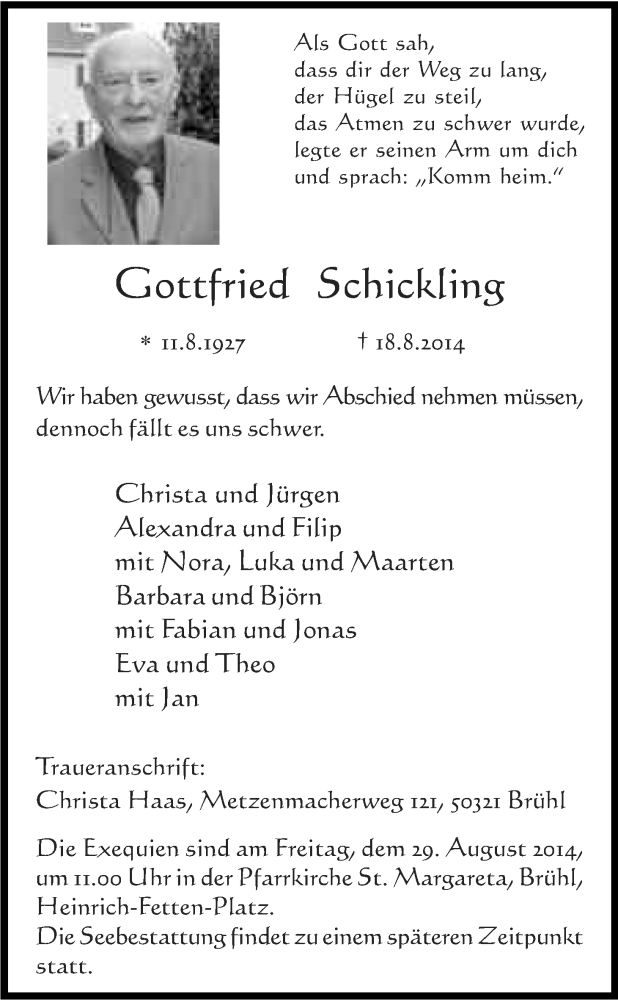  Traueranzeige für Gottfried Schickling vom 22.08.2014 aus Kölner Stadt-Anzeiger / Kölnische Rundschau / Express