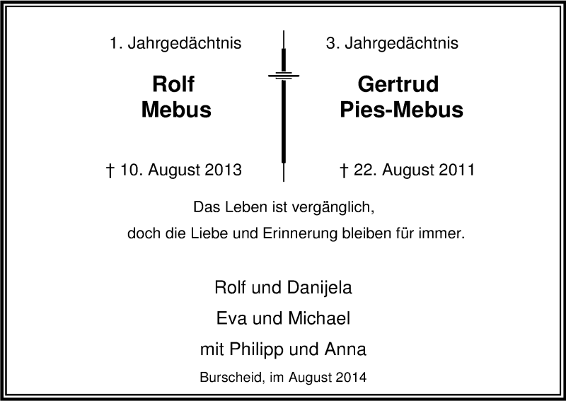  Traueranzeige für Rolf und Gertrud Mebus vom 23.08.2014 aus Kölner Stadt-Anzeiger / Kölnische Rundschau / Express