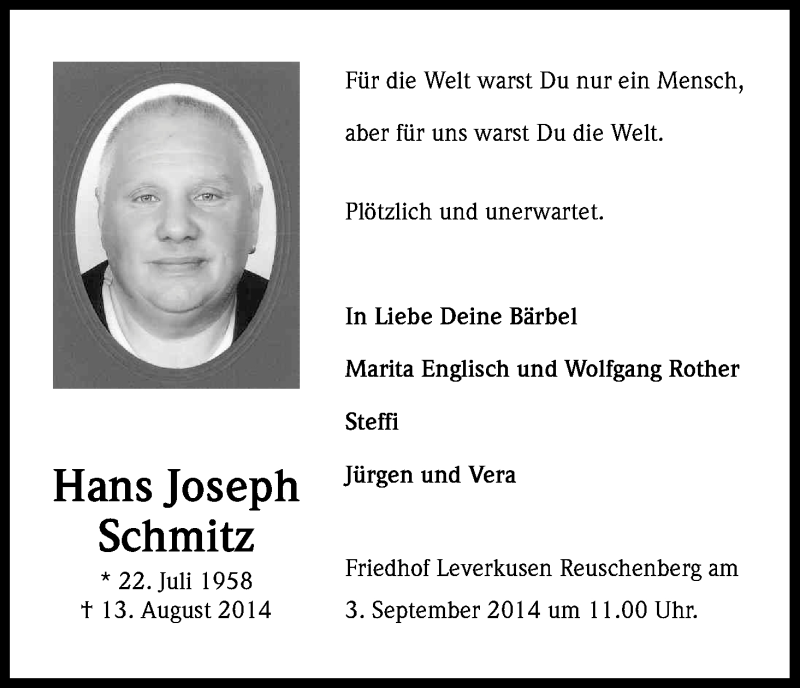  Traueranzeige für Hans Joseph Schmitz vom 23.08.2014 aus Kölner Stadt-Anzeiger / Kölnische Rundschau / Express