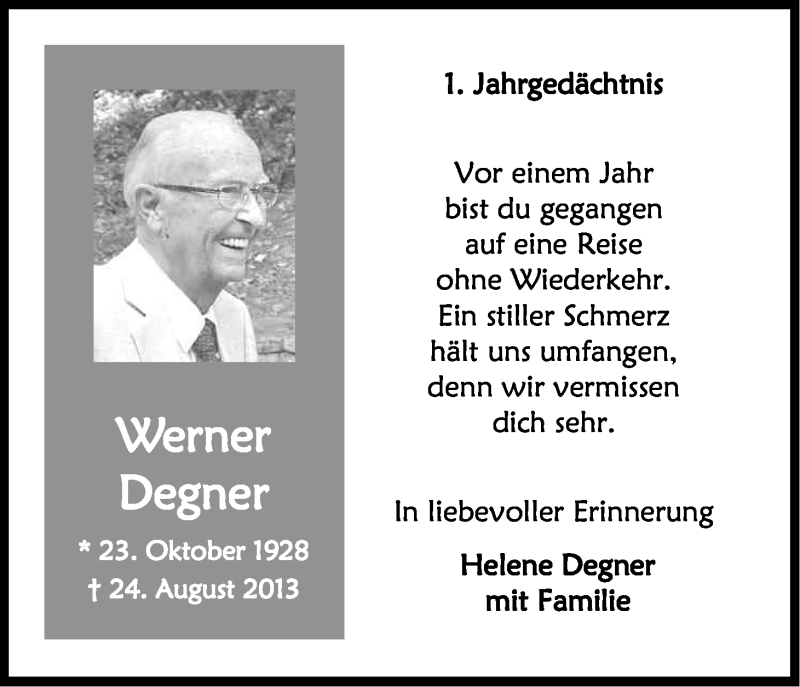  Traueranzeige für Werner Degner vom 23.08.2014 aus Kölner Stadt-Anzeiger / Kölnische Rundschau / Express