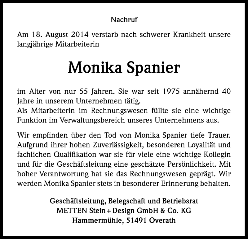  Traueranzeige für Monika Spanier vom 23.08.2014 aus Kölner Stadt-Anzeiger / Kölnische Rundschau / Express