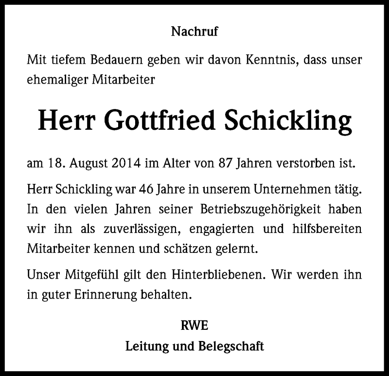  Traueranzeige für Gottfried Schickling vom 29.08.2014 aus Kölner Stadt-Anzeiger / Kölnische Rundschau / Express