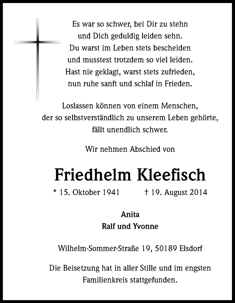  Traueranzeige für Friedhelm Kleefisch vom 30.08.2014 aus Kölner Stadt-Anzeiger / Kölnische Rundschau / Express