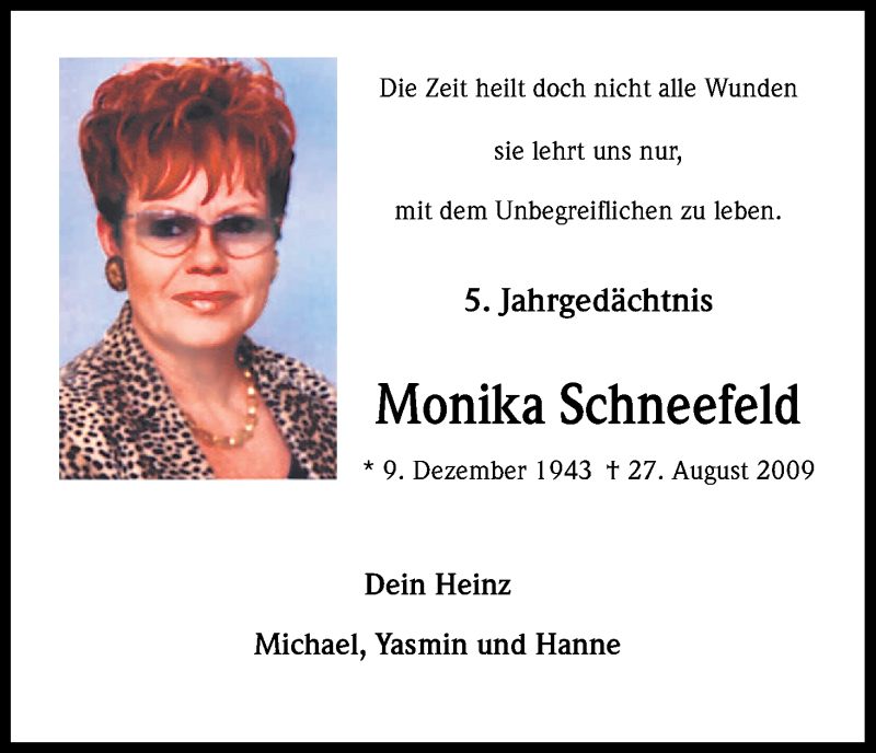  Traueranzeige für Monika Schneefeld vom 27.08.2014 aus Kölner Stadt-Anzeiger / Kölnische Rundschau / Express